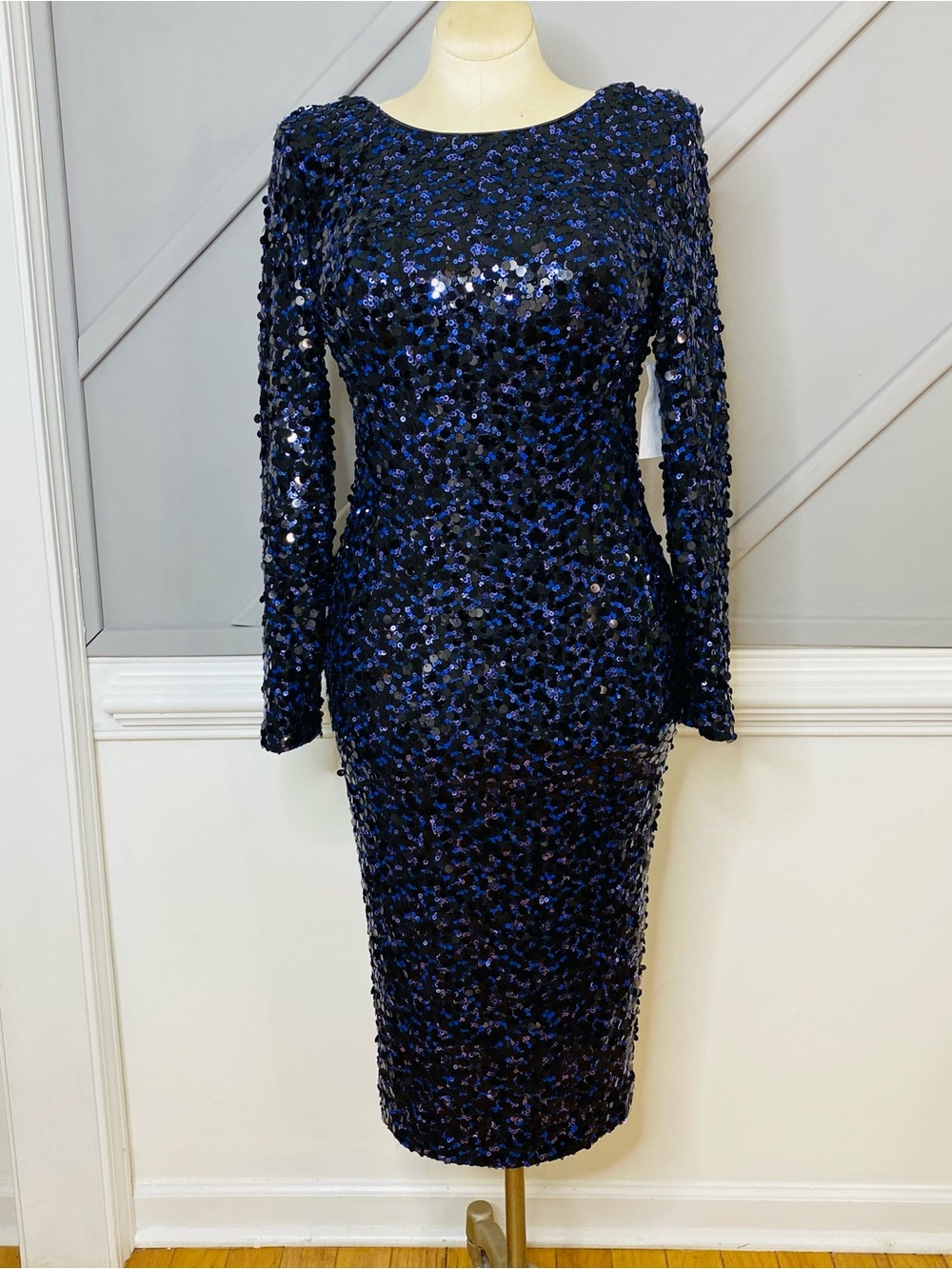 NEW Dress the Population Emery Long Sleeve Sequin Dress navy SZ L #D6706 - Picture 3 of 13